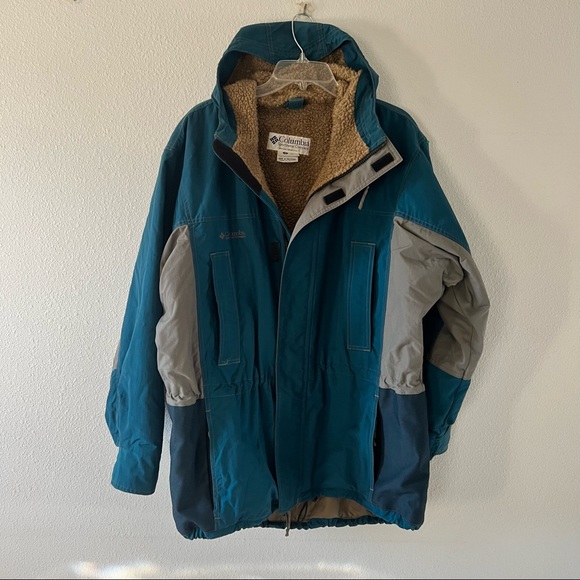 Retro Sherpa Lined Teal and Grey Mens Columbia Parka Jacket - Picture 5 of 10